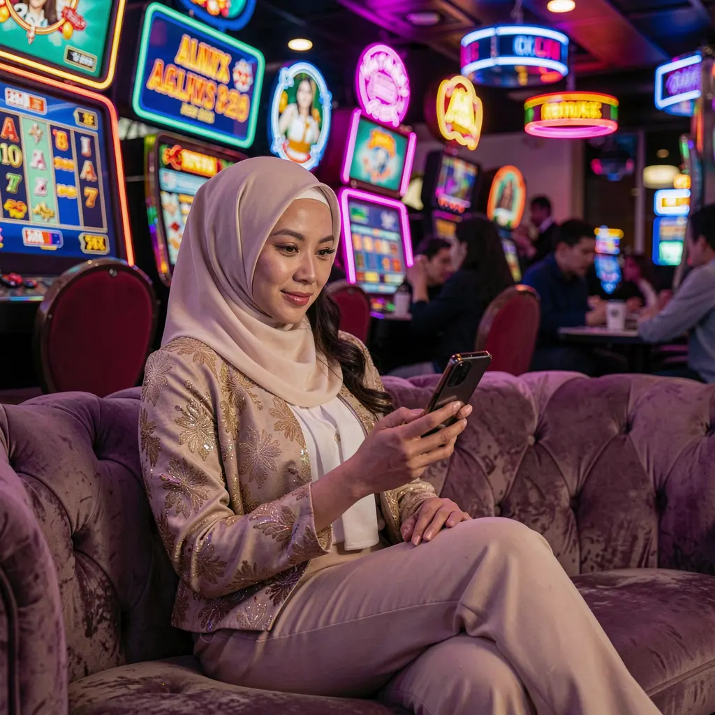 Stylish Malaysian woman relaxing on a sofa while using the RMKING8 casino app with colorful neon casino symbols glowing behind her