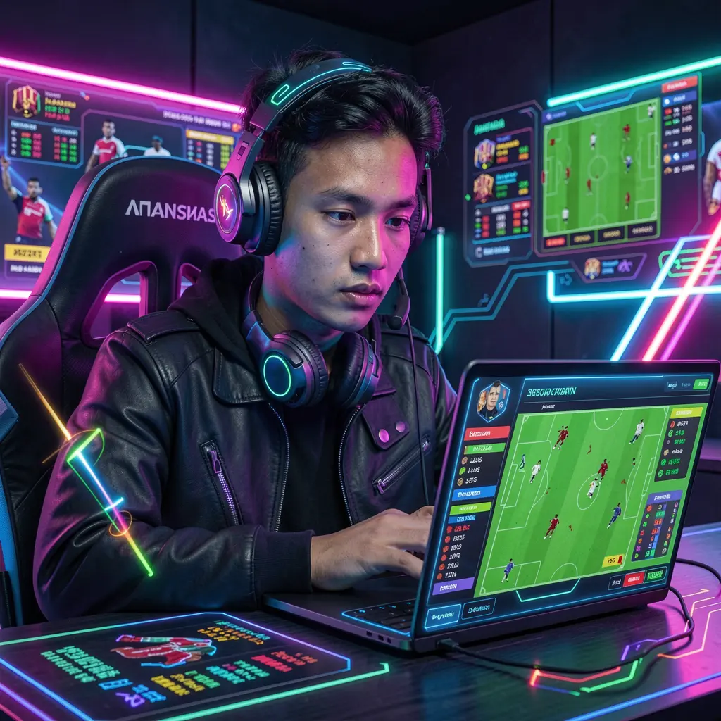 Focused Malaysian bettor using a laptop with live football betting features and neon effects on the RMKING8 platform