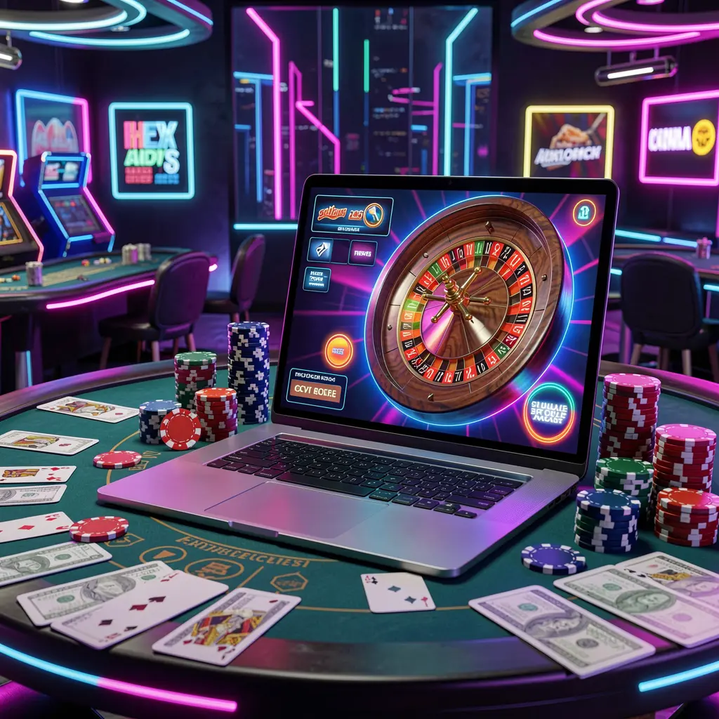 Futuristic online roulette scene on a laptop with colorful casino chips and glowing lights showcasing the premium gaming atmosphere of RMKING8 casino for Malaysia