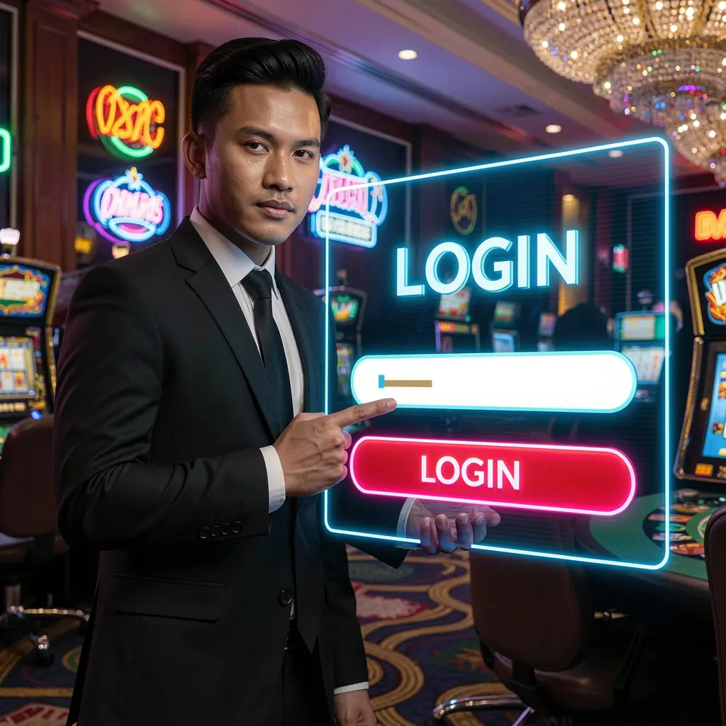 Confident Malaysian casino professional pointing at a glowing RMKING8 login interface with neon lights representing trusted online access