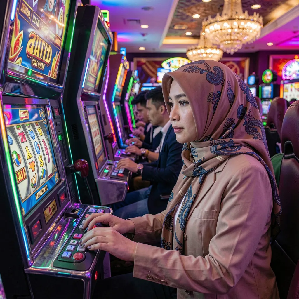 Focused Malaysian woman playing a modern slot machine in a lively casino atmosphere representing the premium online gaming experience of RMKING8 in Malaysia